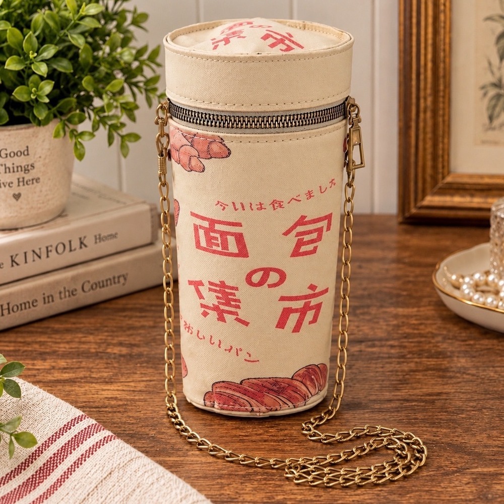 Novelty Japanese Food Print Cylinder Crossbody Bag Kawaii Retro Kitschy Cream